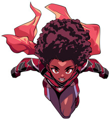 African Female Superhero Flying Anime Isolated