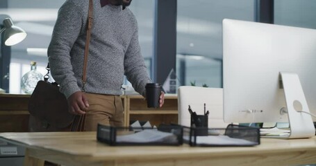Computer, coffee and businessman walking in the office sitting by his desk to work on project. Technology, career and professional African male employee getting ready for online meeting in workplace.