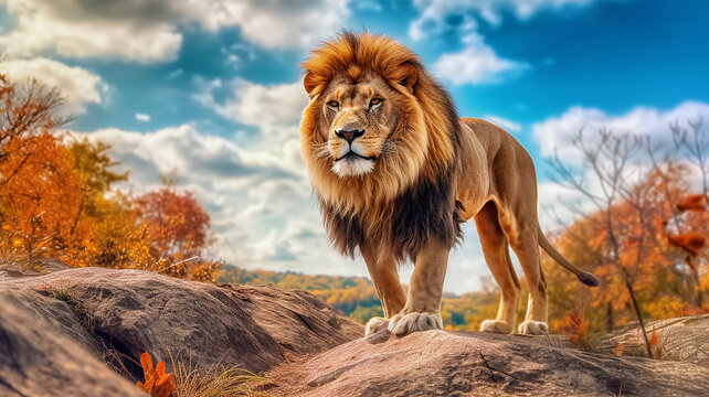 Fototapeta lion in the savanna african wildlife landscape.