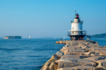 Spring Point lighthouse, Maine's famous lighthouse USA Maine. Windjammers, favorite tourist...
