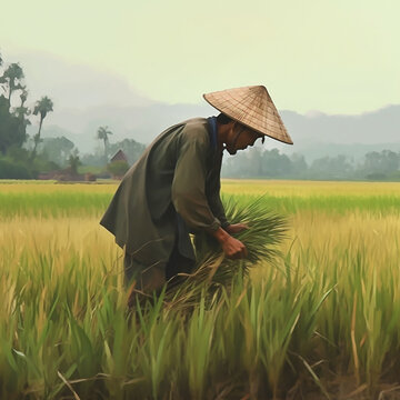 Man Working In Paddy Field, Made With Generative AI