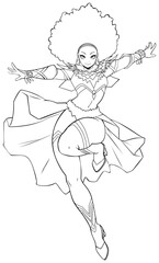 African Female Superhero Flying Anime Line Art