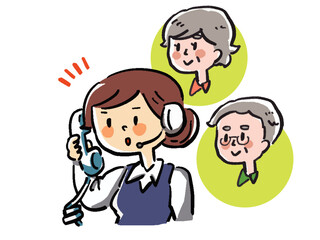 年配の男女と電話対応をするオペレーターのイラスト