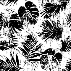 Obraz premium Grunge tropical style wallpapers. Seamless pattern with leaf on white background. Monochrome vector