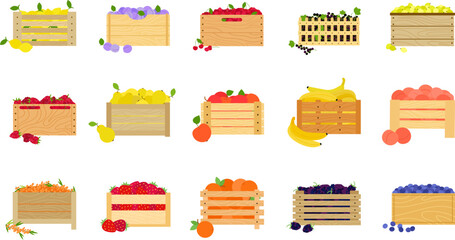 Fruits in wooden boxes and crates. Box with fruit, berries in crate. Wood organic market pack, harvest fresh agriculture ingredients, decent vector set