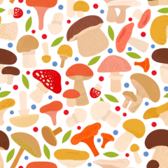 Rolgordijnen Mushroom seamless pattern. Forest planting, autumn mushroom, leaves and berries. Fall wild nature elements, harvest decent vector fabric print © MicroOne