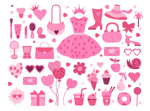 Pink aesthetic barbiecore collection. Isolated glamorous elements accessories, clothes, cosmetics, food, sweets, gift and balloons for girl princess. Vector illustration in hand drawn style