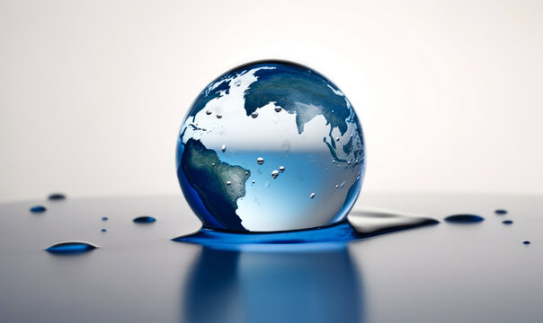 A water droplet that contains planet earth white backgroud. Glass globe with water droplets on a table