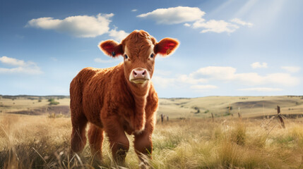 Red angus - Cow in the pasture - Face - horn - Angus - calf - Steer - Created with Generative AI technology. - obrazy, fototapety, plakaty