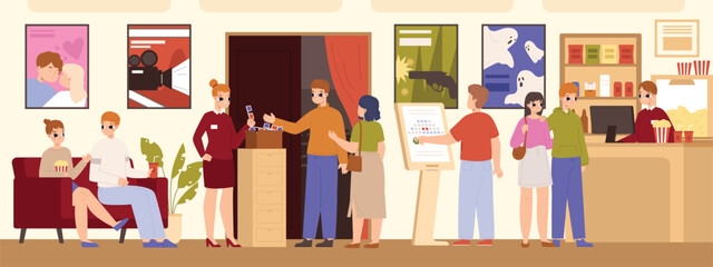 Fototapeta premium People in cinema hall, family and couples buy tickets and food. Movie theater lobby, friends spend time together. Happy weekend snugly vector scene