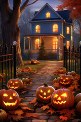 A halloween scene with pumpkins in front of a house.