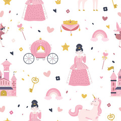 Princess seamless pattern. Castle, crown and little fairy lady in dress. Magic fantasy children fabric print. Fairytale unicorn, creative snugly vector background
