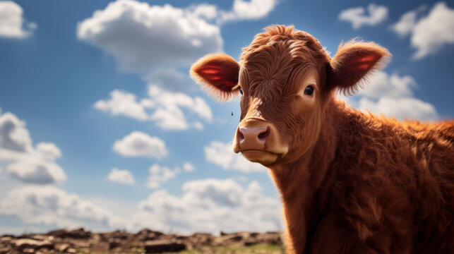 Red angus - Cow in the pasture - Face - horn - Angus - Bull - calf - Steer - Created with Generative AI technology.