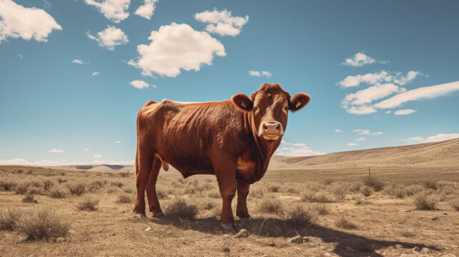 Red angus - Cow in the pasture - Face - horn - Angus - Bull - calf - Steer - Created with Generative AI technology.