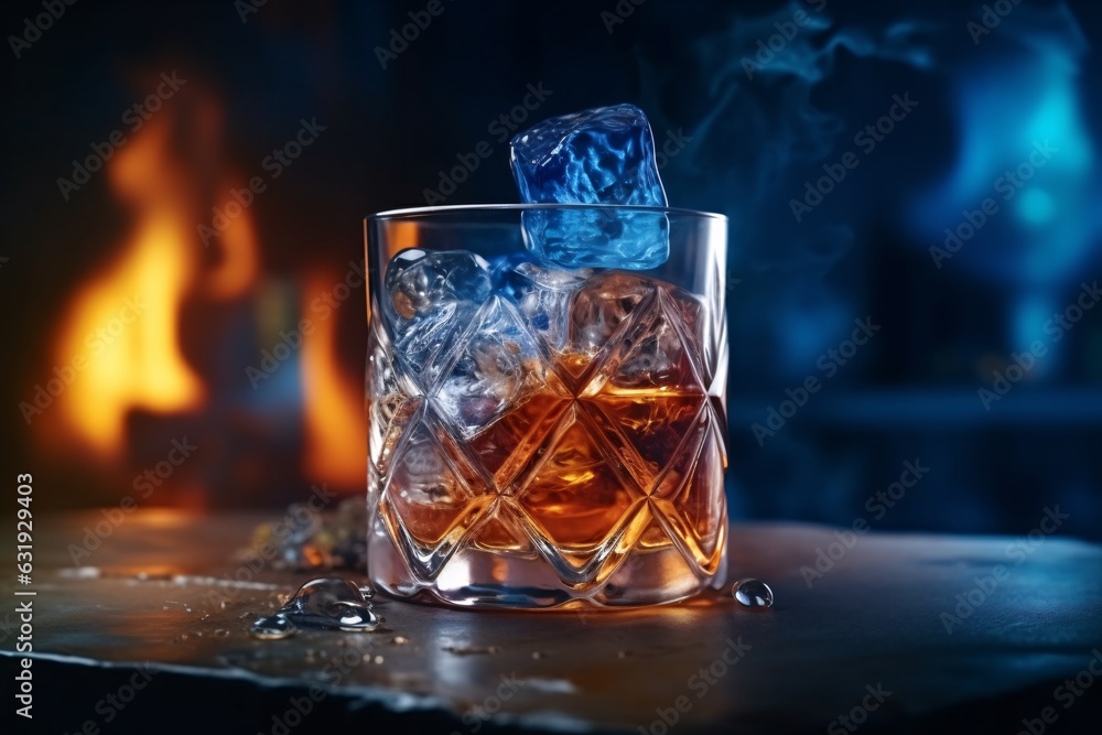 Canvas Prints whiskey. whiskey in a glass with ice and smoke on a black background, close up.