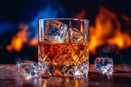 Whiskey. Whiskey in a glass with ice and smoke on a black background, close up.
