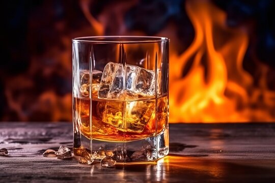 Whiskey. Whiskey in a glass with ice and smoke on a black background, close up.