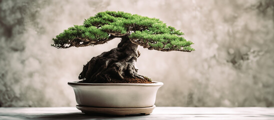 immagine primo piano di elegante bonsai di conifera in raffinato vaso in ceramica con sottovaso, tavolo in legno rustico, sfondo indefinito