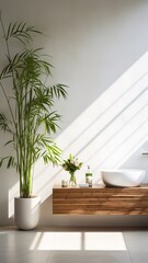 Luxury interior bathroom modern outdoor bathtub and green exotic plants bananas palms leaves in Villa Bali Indonesia, hotel spa, sunlight, copyspace, generative ai. 