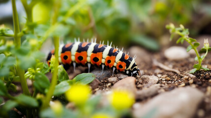 A caterpillar walking through a garden