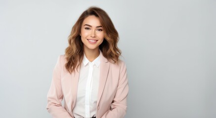 Young smilling business woman posing on soft color background. 