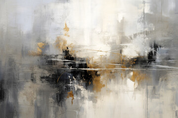 Black, White, Gray and Orange Abstract Modern Art Acrylic Canvas Painting. Brush Strokes Texture.