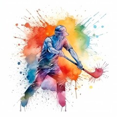 Athlete plays hockey .drawing in watercolor style. rainbow splashes