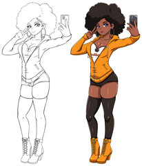 Black Anime Girl Taking Selfie on White