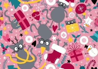 Naklejka premium Christmas animals seamless cats and gift box and tree and toys pattern for wrapping paper and fabrics