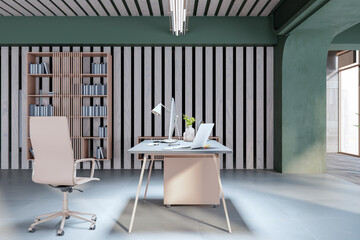 Luxury stylish home office interior with equipment and furniture, window with city view and daylight, decorative items. 3D Rendering.