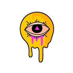 Eye in yellow melted Sticker. Design element for rave and techno style