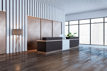 Modern wooden and concrete office lobby interior with reception desk, panoramic window with city view and other objects. Waiting area and interior designs concept. 3D Rendering.