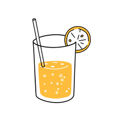 Orange juice. Glass of fresh drink. Trendy outline cartoon. Thirst quenching and summer cocktail