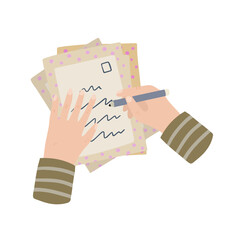 Person writes letter. Hand holding envelope with greeting. Cute illustration of postcrossing. Handmade paper.