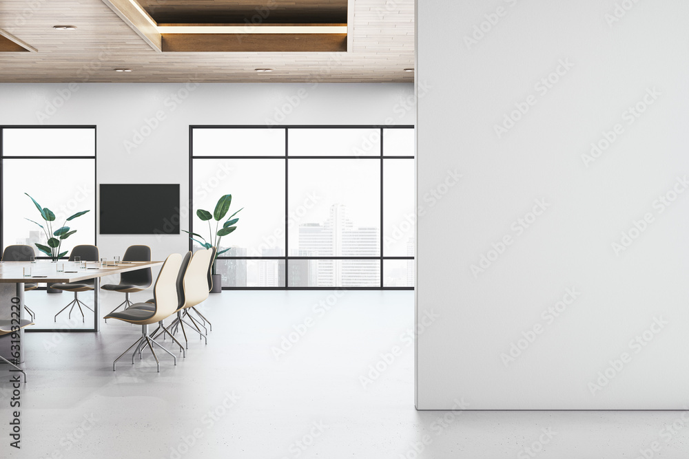 Poster modern light meeting room interior with empty mock up place on wall, furniture and window with city 