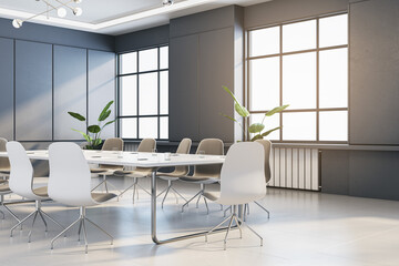 Contemporary concrete conference room interior with furniture and window with city view. 3D Rendering.