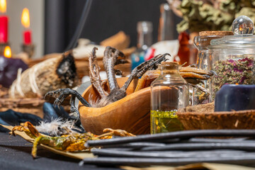 Spiritual occultism and magic chemistry background. Witchcraft potion vials or glass bottles with magic liquid ingredients. Alchemy and esoteric items for magik cult. Occult and esoteric concept.