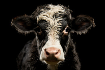 Black cow calf with white spots, professional studio portrait shot on a black background.