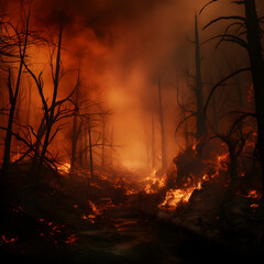 forest fire: burning trees - flames and smoke
