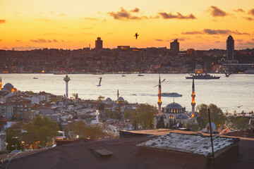 Scenic view of Uskudar district on the Asian side of Istanbul, Turkey with Mihrimah Mosqueover the Bosphorus strait