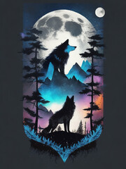 Illustration of a wolf in the forest against the background of the moon