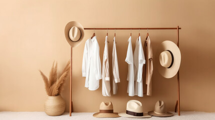 Trendy capsule wardrobe in beige and white on a hanger with straw hats. copy space. 