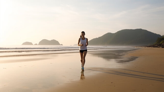  athletic beautiful young woman runs along the beach, goes in for sports in sportswear. 
