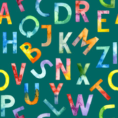Seamless pattern of ABC capital letters of the alphabet hand drawn with watercolor. Lettering on green background. For fabric, sketchbook, wallpaper, wrapping paper.
