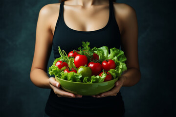Fitness girl holding a salad in front of her. proper nutrition and self care. 