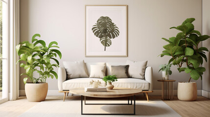 Photo of a cozy living room with modern furniture and vibrant green plants