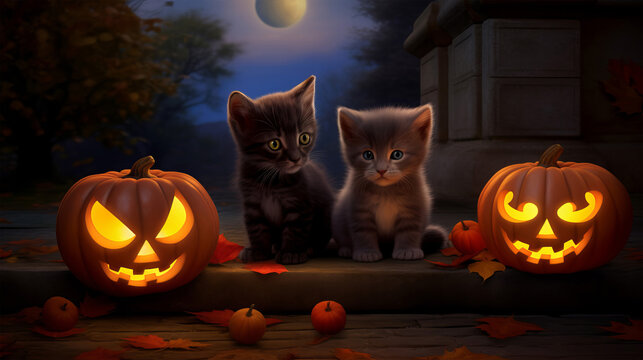 Two cats posing in front of Halloween pumpkins Halloween Cartoon Art
