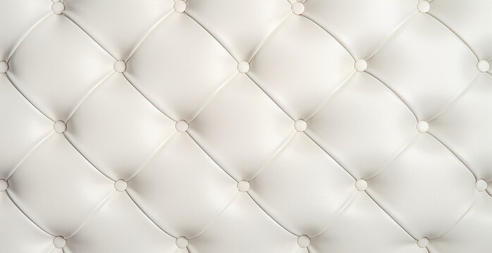 White leather upholstery. Close-up texture of genuine leather with White rhombic stitching. Luxury background. White leather texture with buttons for pattern and background, digital ai