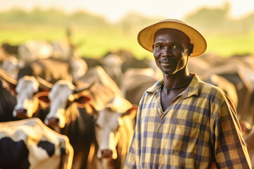 Dairy farm worker, African man standing near cow cattle herd. Generative AI