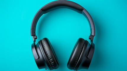 Fototapeta na wymiar Black headphones on color background. Music concept. Copy space